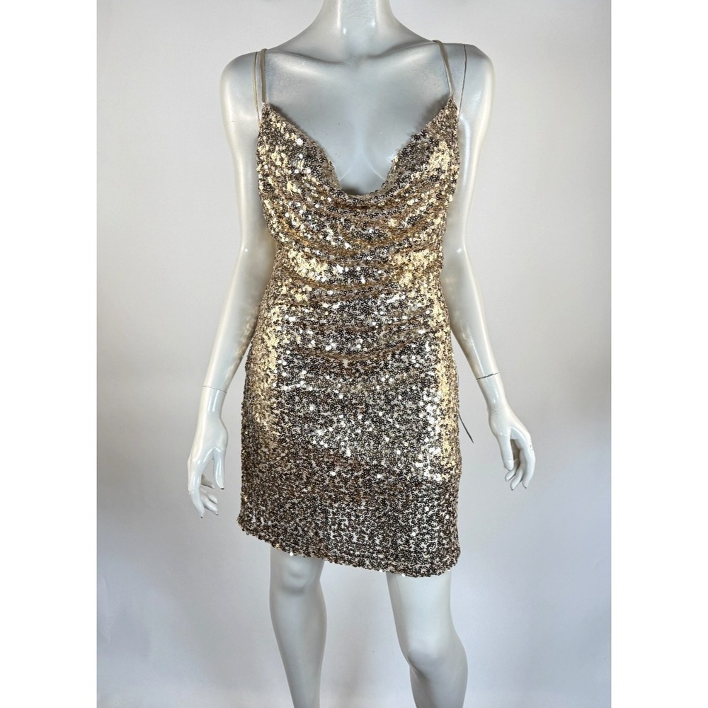 Lulus Shimmery Delight Gold Sequin Cowl Neck Mini‎ Dress Women S NWT Open Back